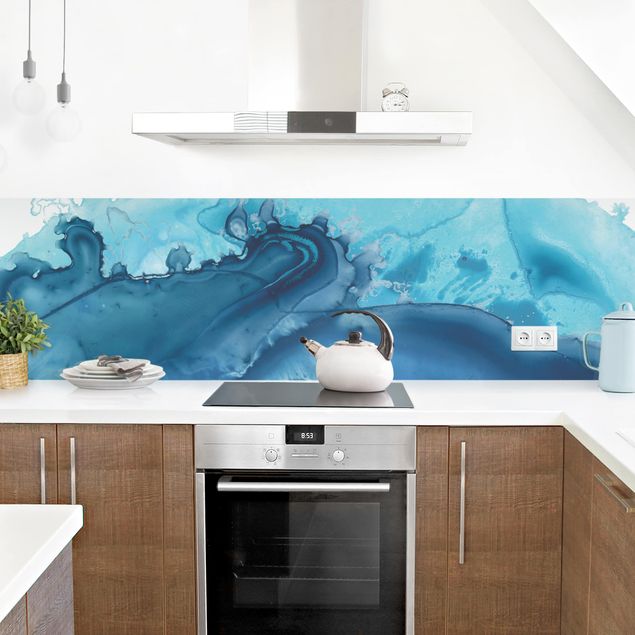 Glasrückwand Küche Welle Aquarell Blau I