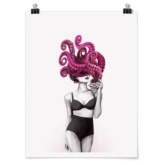 Kunstdrucke Poster Illustration Frau in Unterwäsche Schwarz Weiß Oktopus