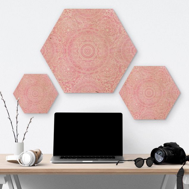 Hexagon Bild Holz - Muster Mandala Rosa