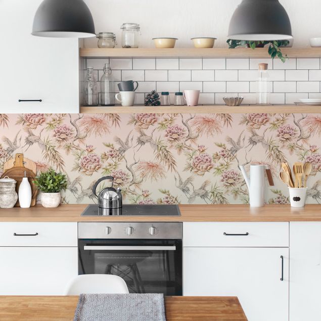Küchenrückwand Folie Aquarell Vögel mit großen Blüten in Ombre