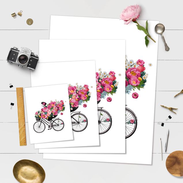 Poster bestellen Illustration Frau auf Fahrrad Collage bunte Blumen