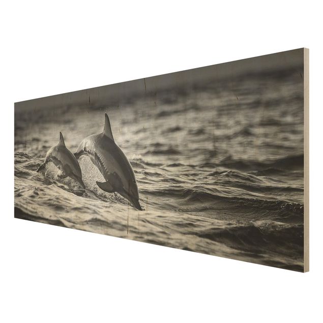 Bilder auf Holz Zwei springende Delfine