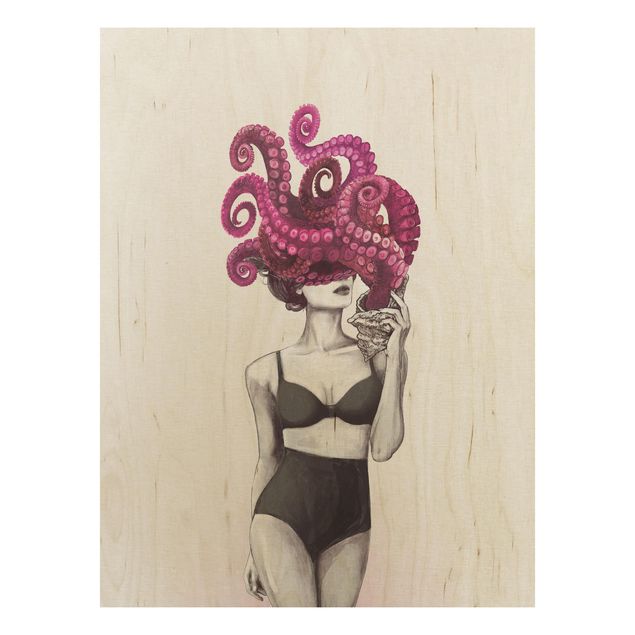 Wandbilder Illustration Frau in Unterwäsche Schwarz Weiß Oktopus