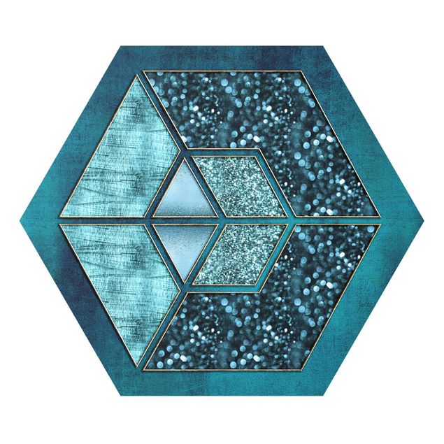 Foto auf Hartschaumplatte Blaues Hexagon mit Goldkontur