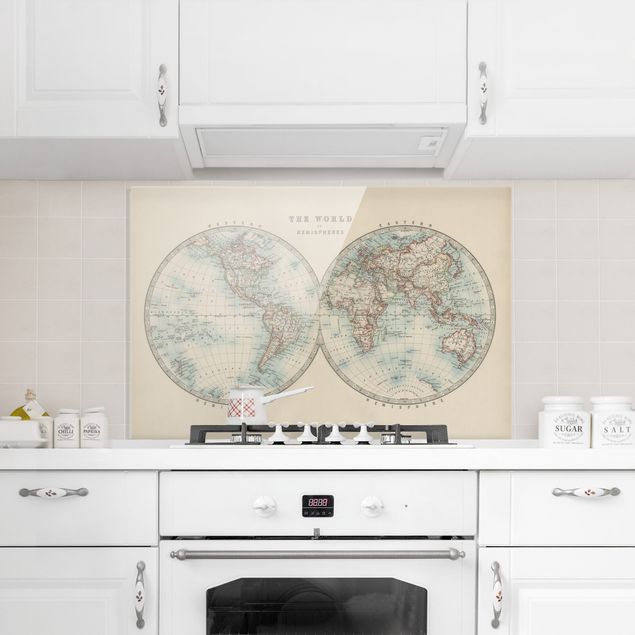 Spritzschutz Küche Glas Vintage Weltkarte Die zwei Hemispheren