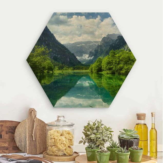 Holzbild Natur Bergsee mit Spiegelung