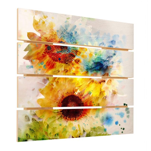 Holzbild - Aquarell Blumen Sonnenblumen - Quadrat 1:1