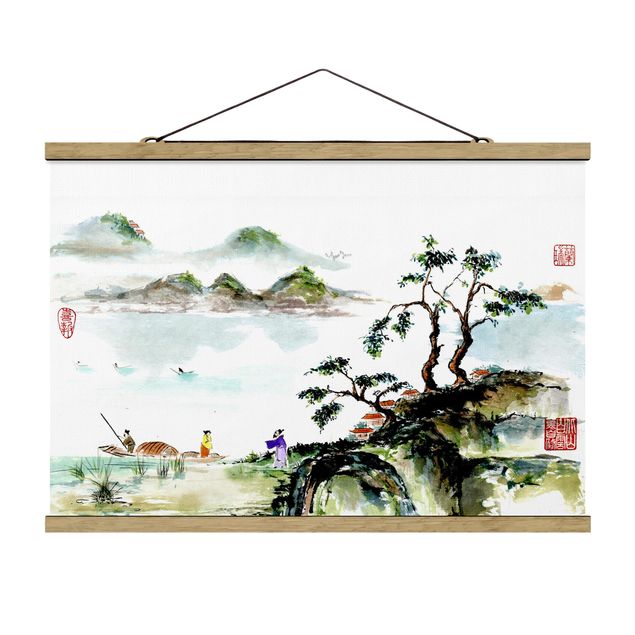 Wandbilder Natur Japanische Aquarell Zeichnung See und Berge