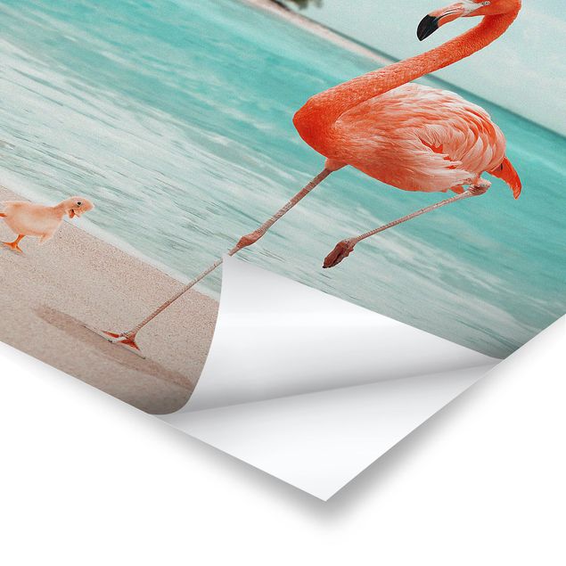 Poster Kunstdruck Strand mit Flamingo