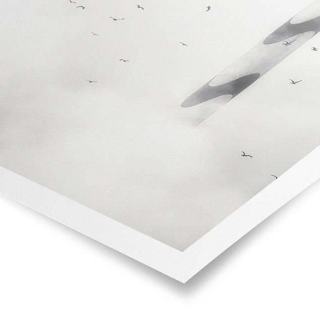 schwarz-weiß Poster Leuchtturm im Nebel