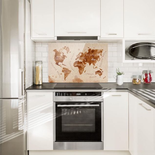 Glasrückwand Küche Weltkarte Aquarell beige braun