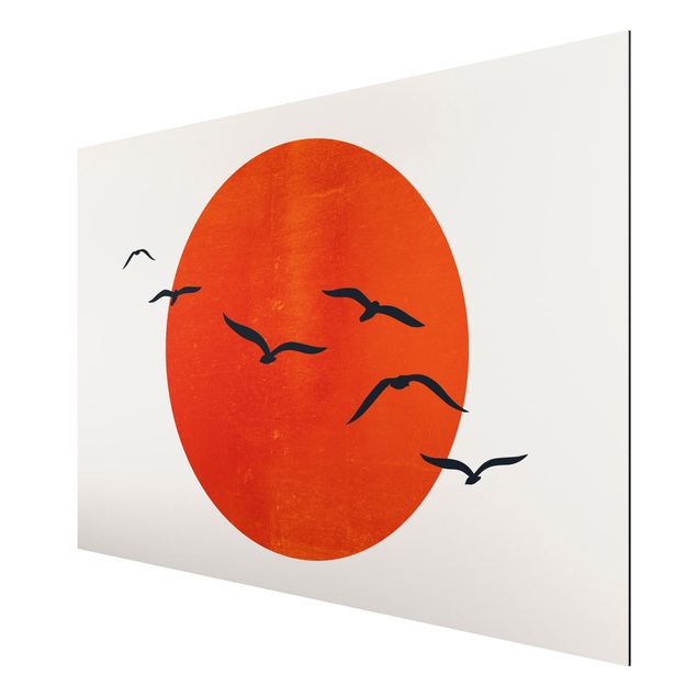 Wandbilder Kunstdrucke Vogelschwarm vor roter Sonne I