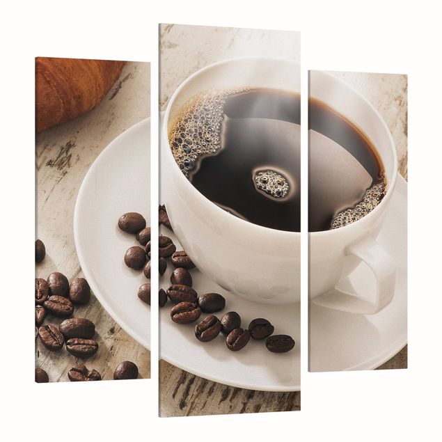 Leinwand Kaffee Dampfende Kaffeetasse mit Kaffeebohnen