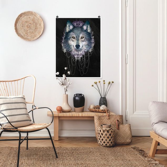 Poster Tiere Illustration Wolf mit Boho Traumfänger Schwarz