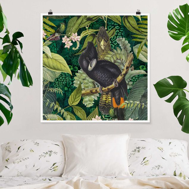 Wanddeko Küche Bunte Collage - Kakadus im Dschungel