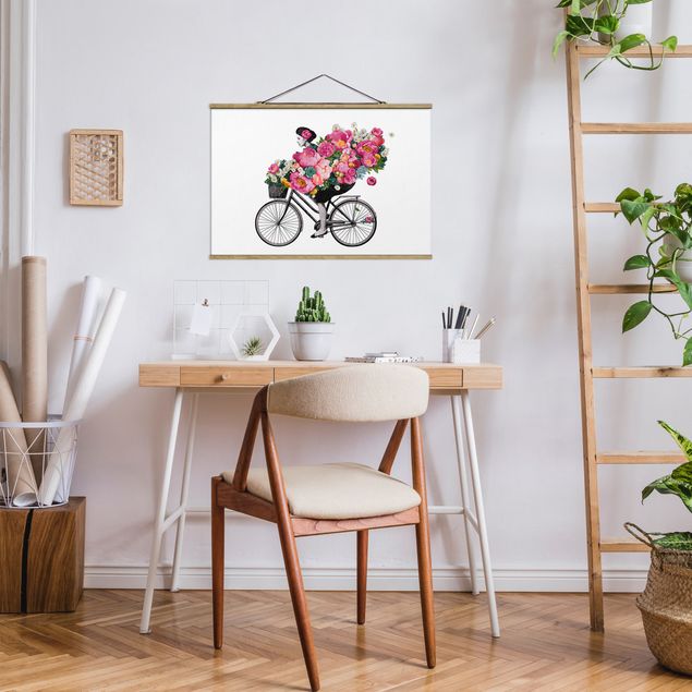 Wandbilder Blumen Illustration Frau auf Fahrrad Collage bunte Blumen