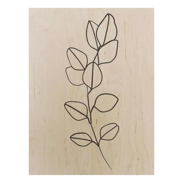 Holzbilder Blumen Line Art Zweig Blätter Schwarz Weiß