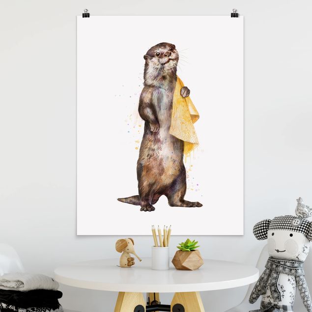 Kunstdrucke Poster Illustration Otter mit Handtuch Malerei Weiß