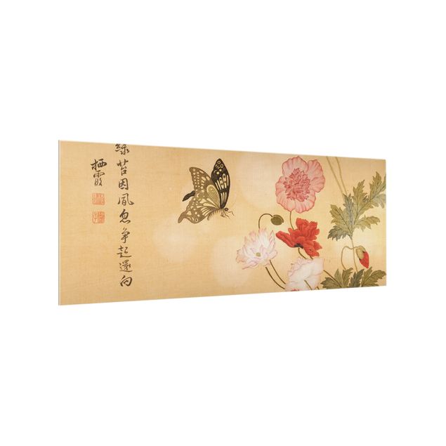 Glasrückwand Küche Blumen Yuanyu Ma - Mohnblumen und Schmetterlinge
