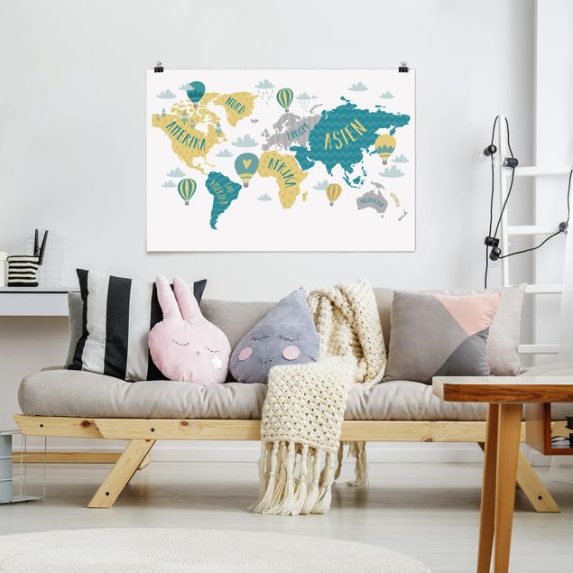 Wandbilder Weltkarten Weltkarte mit Heißluftballon