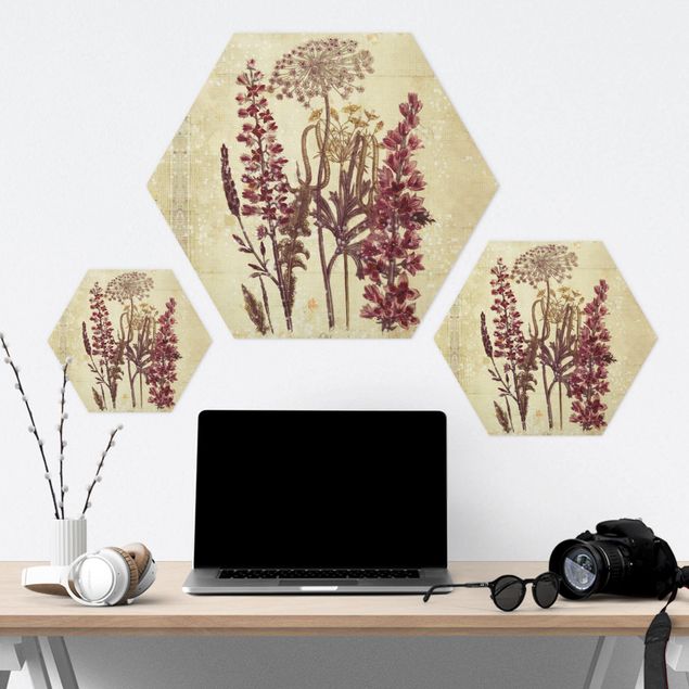 Hexagon Bild Alu-Dibond - Vintage Leinenoptik Blumen