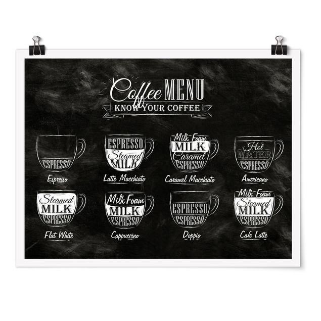 Poster mit Sprüchen Kaffeesorten Kreidetafel
