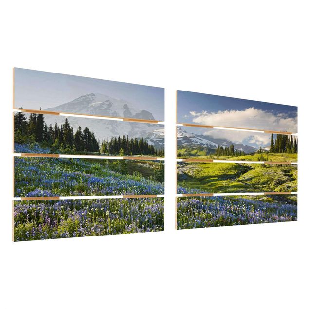 schöne Bilder Bergwiese mit blauen Blumen vor Mt. Rainier