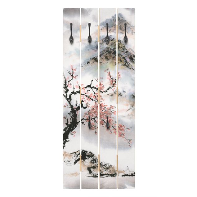 Wandgarderobe grau Japanische Aquarell Zeichnung Kirschbaum und Berge
