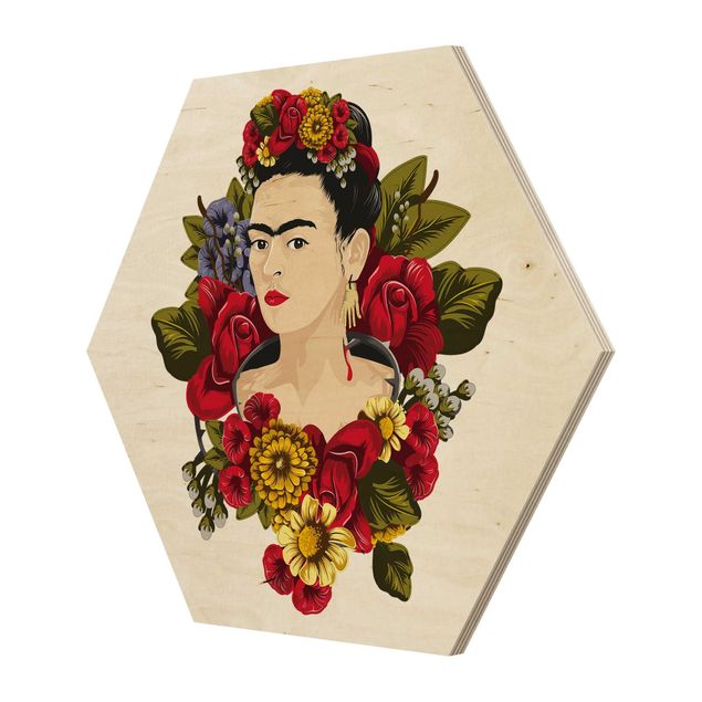 Bild Holz Kahlo Hexagon auf Rosen - Frida