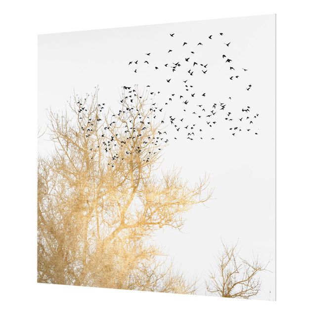 Spritzschutz Glas - Vogelschwarm vor goldenem Baum - Quadrat 1:1