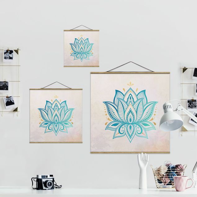 Wandbilder Türkis Lotus Illustration Mandala gold blau