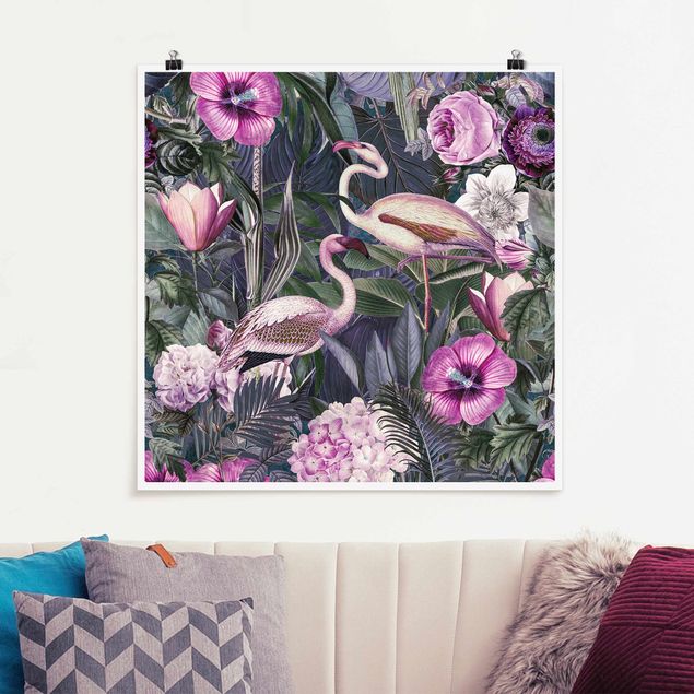 Wanddeko Küche Bunte Collage - Pinke Flamingos im Dschungel