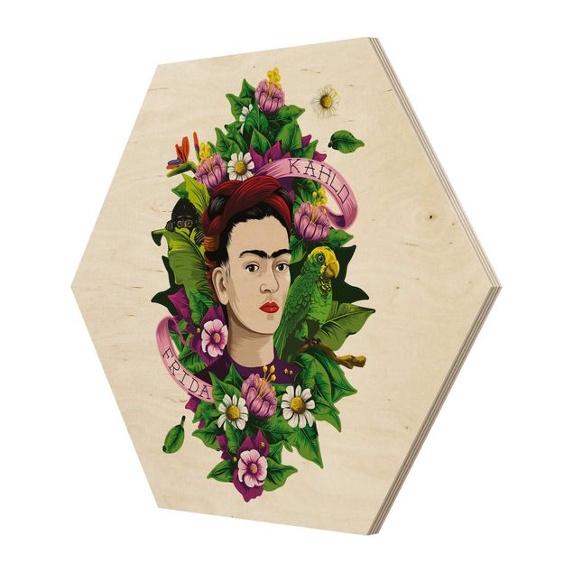 Holzbilder Frida Kahlo - Frida, Äffchen und Papagei