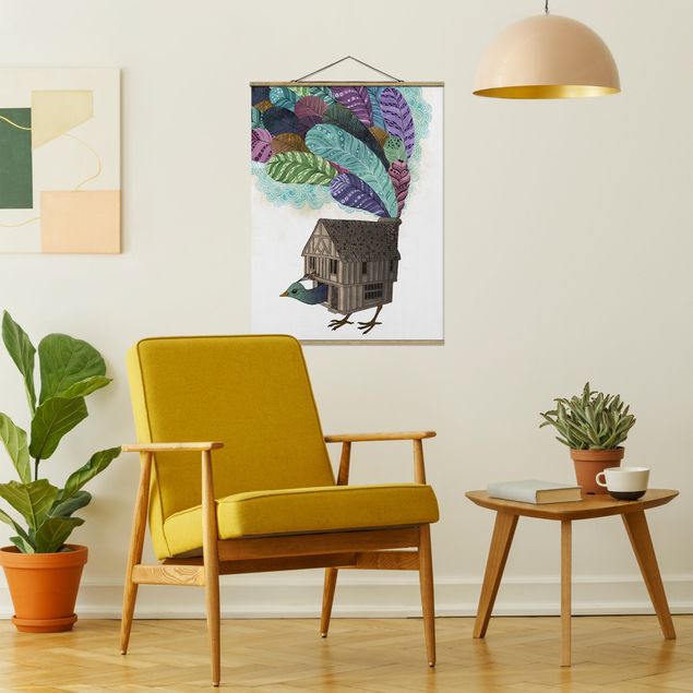 Wandbilder Kunstdrucke Illustration Vogel Haus mit Federn