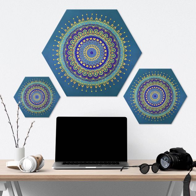 Hexagon Bilder Mandala Blau Gold