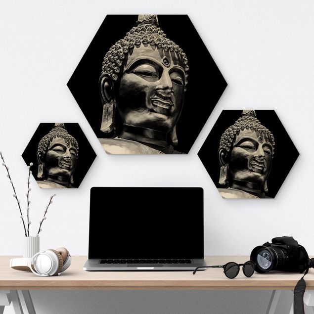 Hexagon Bild Holz - Buddha Statue Gesicht