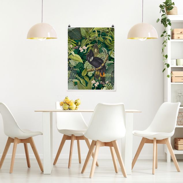 Poster mit Blumen Bunte Collage - Kakadus im Dschungel