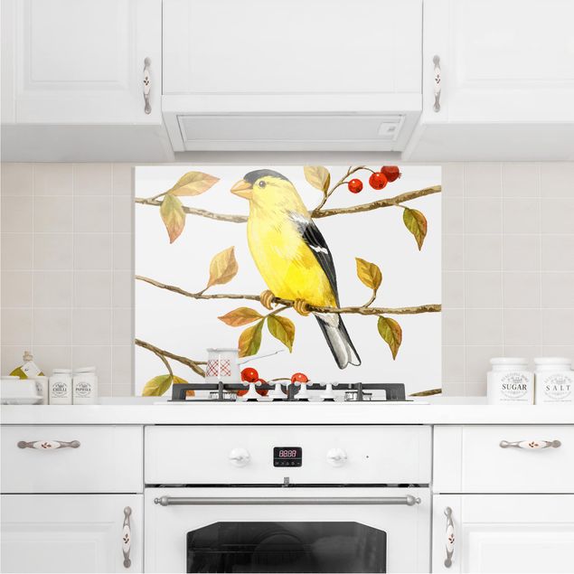 Glasrückwand Küche Vögel und Beeren - Goldzeisig