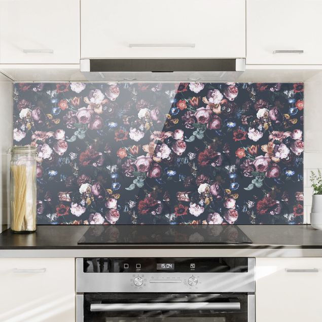 Küche Dekoration Altmeisterliche Blüten mit Tulpen und Rosen auf Dunkelgrau