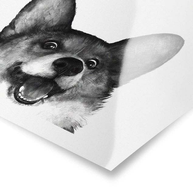 Wandbilder Schwarz-Weiß Illustration Hund Corgi Weiß Schwarz Malerei