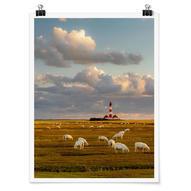 Poster Tiere Nordsee Leuchtturm mit Schafsherde