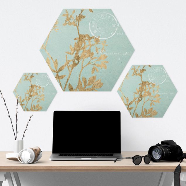 Hexagon Bild Alu-Dibond - Goldene Blätter auf Turquoise I