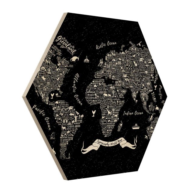 Holzbilder Typografie Weltkarte schwarz