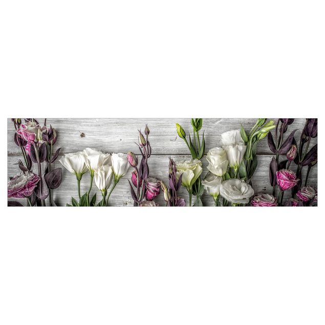 Küchenrückwand Folie Tulpen-Rose Shabby Holzoptik