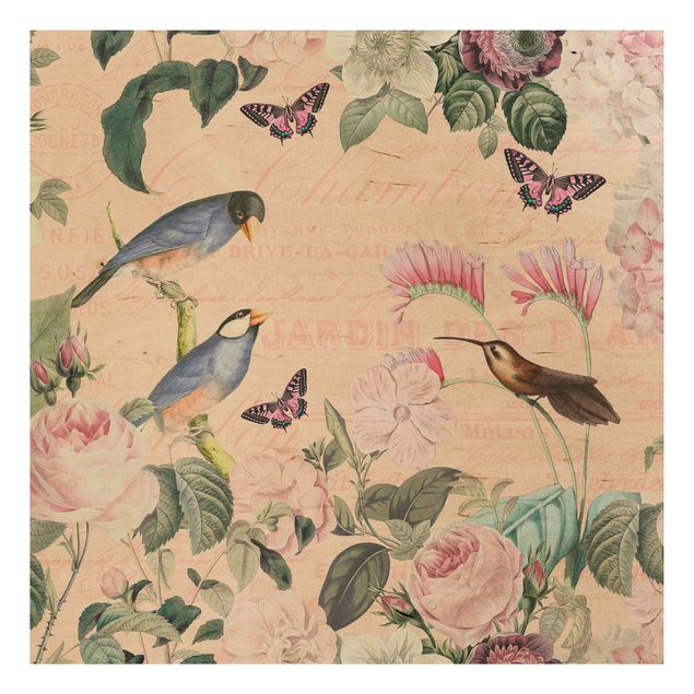Holzbilder Blumen Vintage Collage - Rosen und Vögel