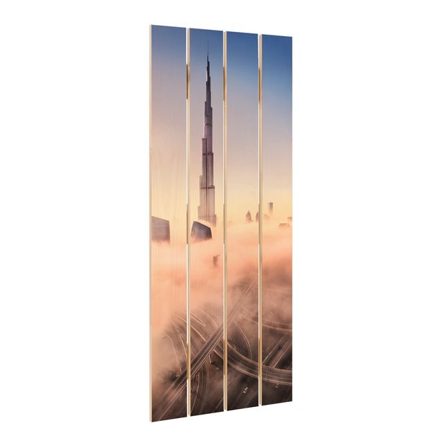 Holzbild - Himmlische Skyline von Dubai - Hochformat 5:2