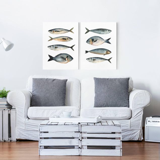 Wanddeko Küche Acht Fische in Aquarell Set I