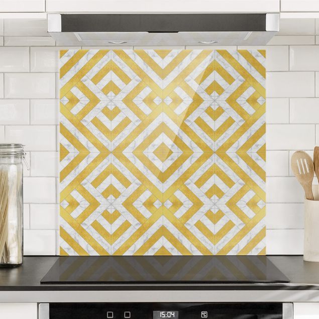 Wanddeko Küche Geometrischer Fliesenmix Art Deco Gold Marmor
