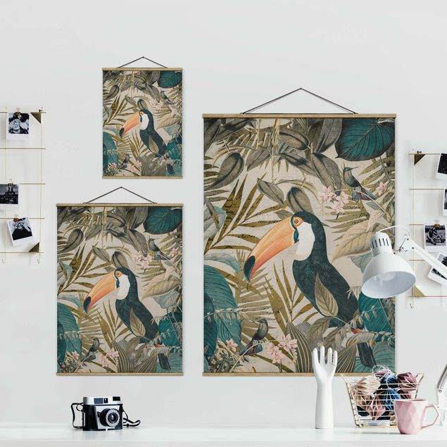 Wandbilder Türkis Vintage Collage - Tukan im Dschungel