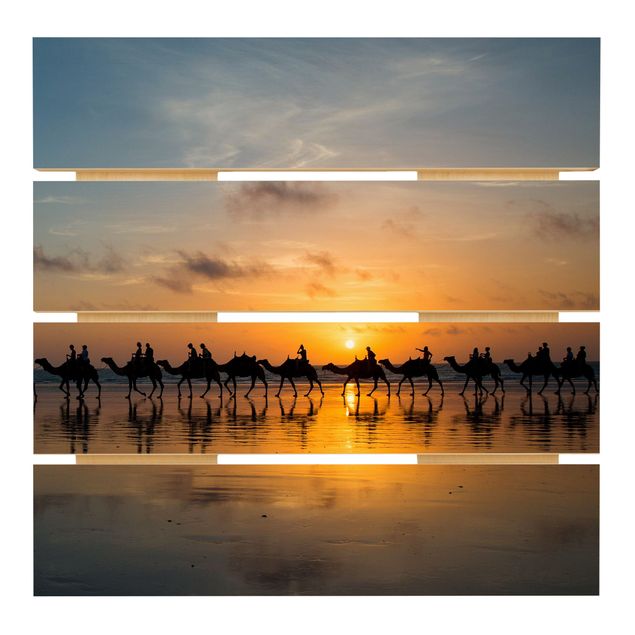Holzbilder Kamele im Sonnenuntergang